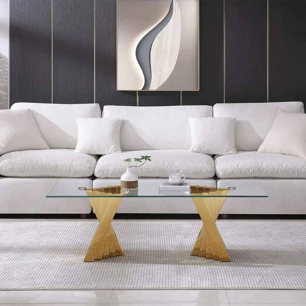 

Tempered Glass Top Tea Table with Gold Mirror Stainless Steel Base for Living Room