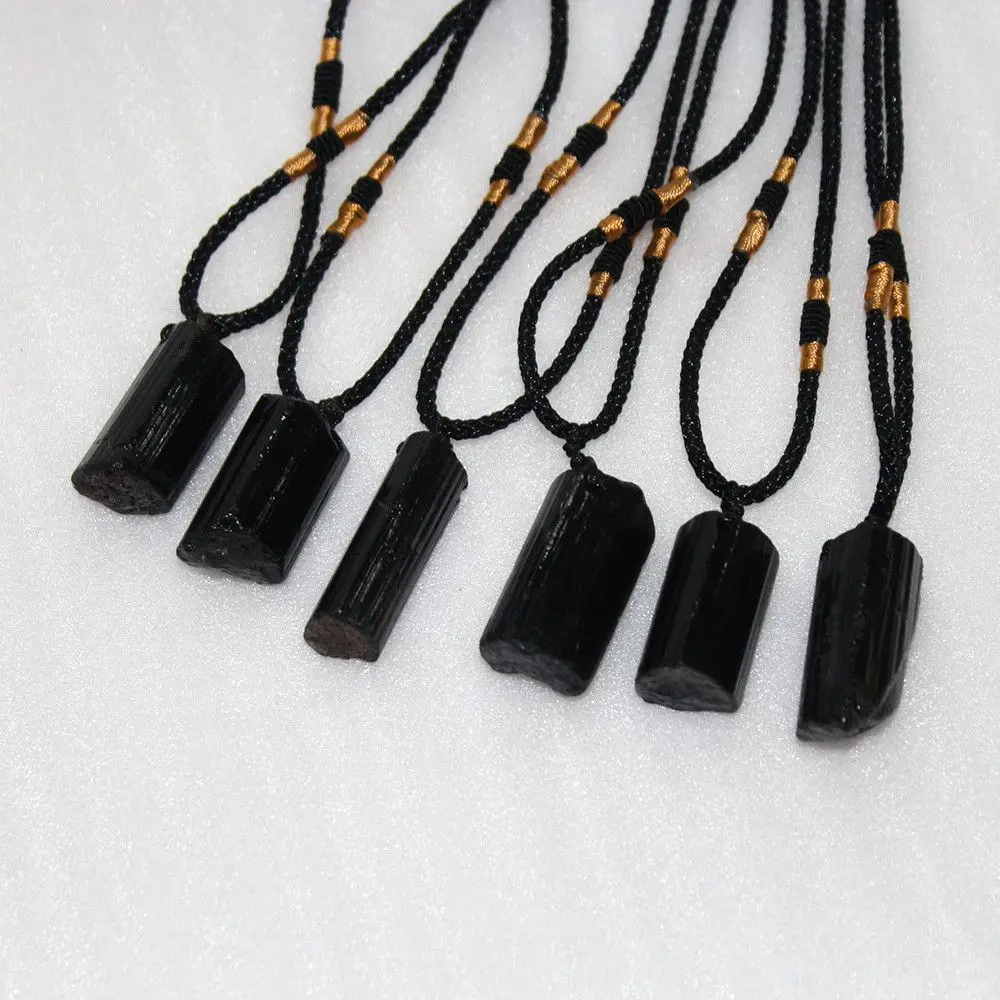 Natural Black Tourmaline Rough Pendant Necklace Irregular Black Tourmaline Cylinder Rough Stone Personality Necklace Jewelry