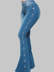 Jeans a vita alta donna pantalone a vita alta Stretch pavimento pantaloni svasati Solid Rivet Design Street Style Denim Longs autunno inverno