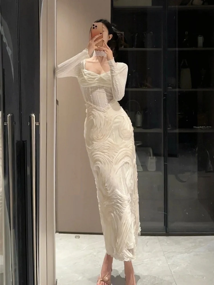 

Женское платье 2026, весеннее женское французское романтическое белое текстурированное платье макси со вставками, облегающее элегантное вязаное платье миди феи