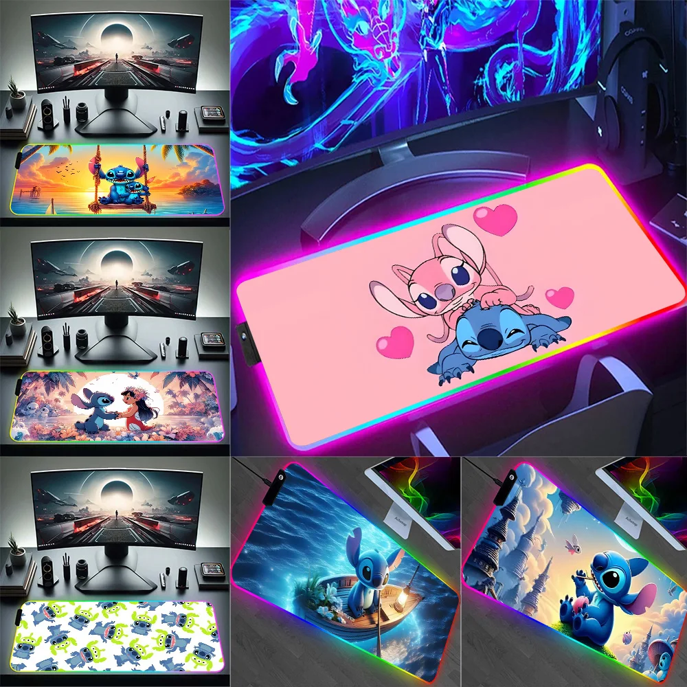 RGB Pc Gamer Keyboard Mouse Pad Mousepad LED Cute Anime couply Stitch Glowing Mouse Mats Rubber Gaming Computer Mausepad