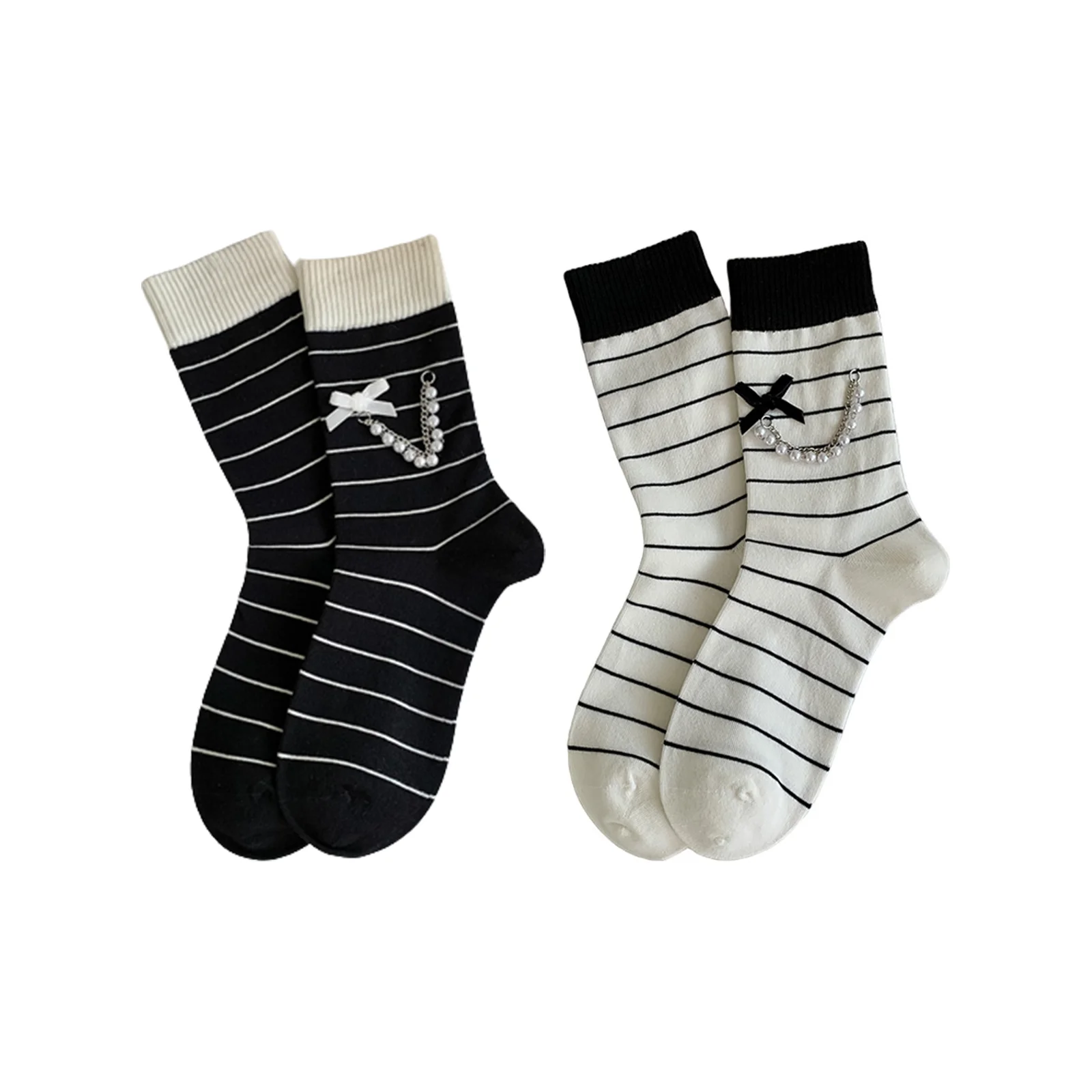 

Women's Japanese style bow striped mid-calf socks, 1 pair each in black and white