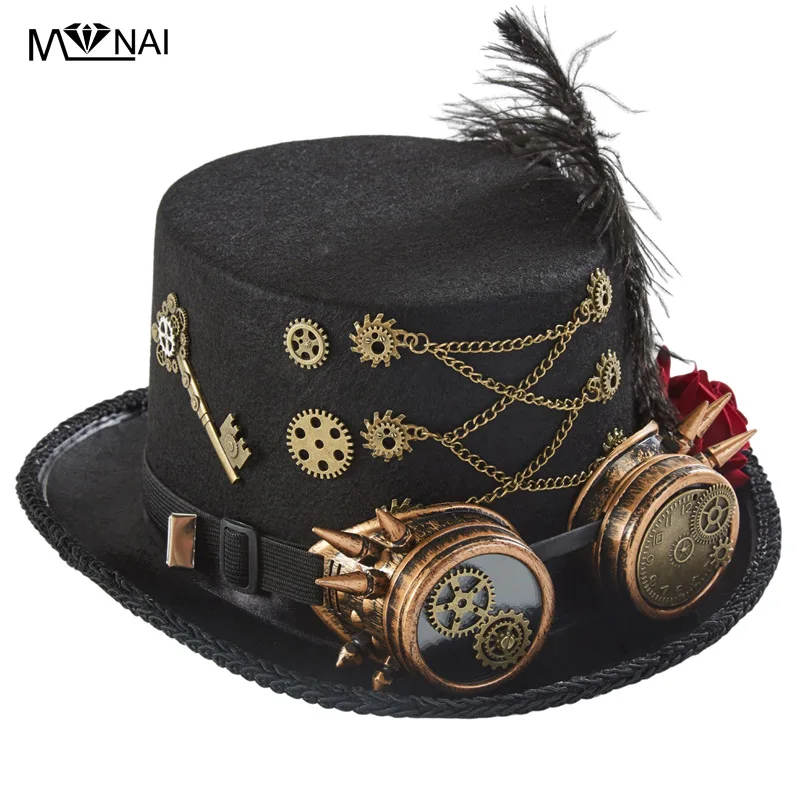 للجنسين Steampunk تأثيري اكسسوارات فاسق قبعة القوطية الرجعية نظارات الظلام روز والعتاد سلسلة قبعة القوطية ساعة والعتاد ريشة الديكور