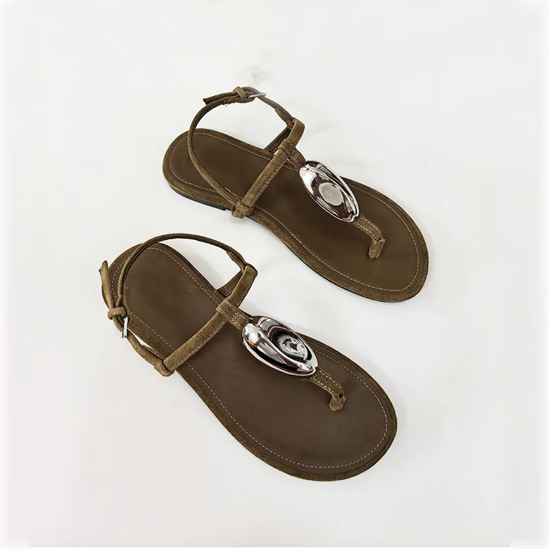 

Dave&di French Elegant Shoes For Woman Women's Sandals Genuine Leather Flat Sandals With Flat Heel And T-shaped Strap Sandals