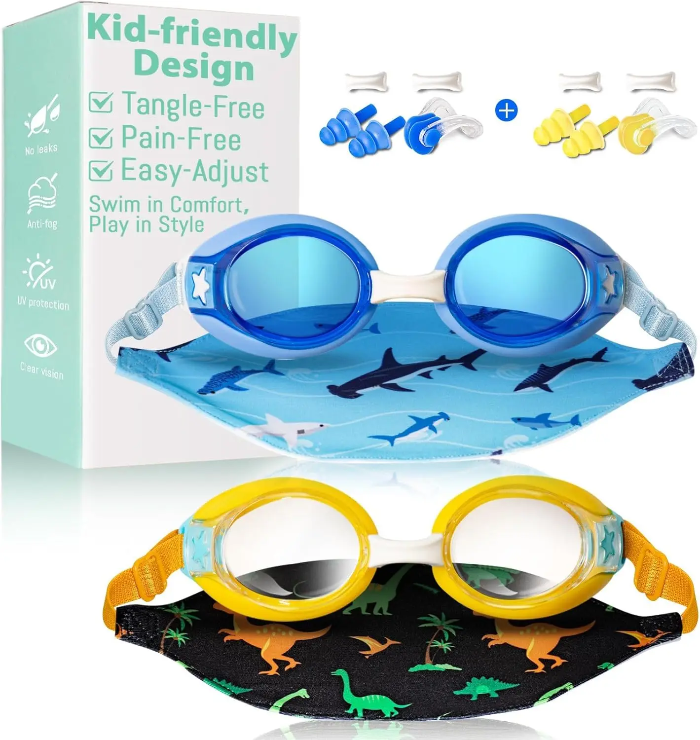 

Детские очки для плавания, 2 шт., с тканевым ремешком, защита от запотевания и УФ-излучения, без протеканий, не натирают волосы, для детей 3-14 лет