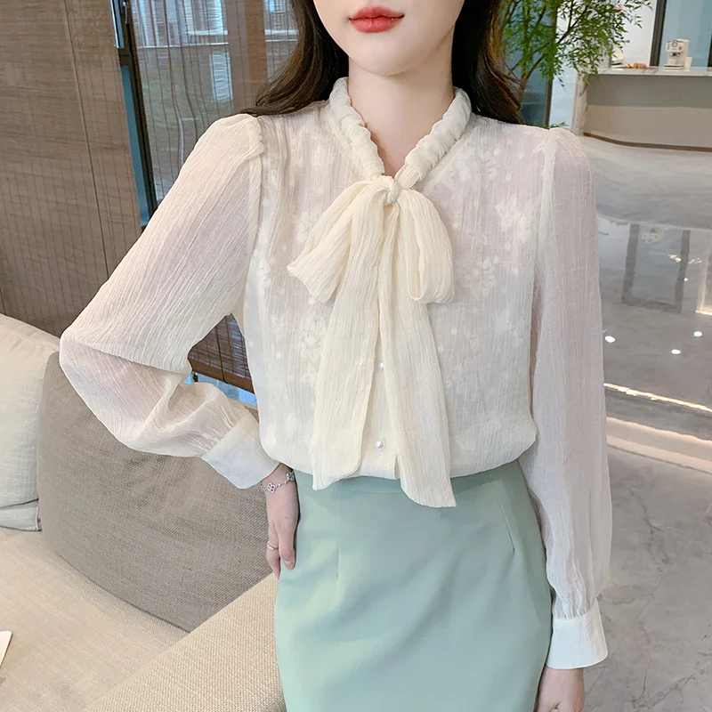 New Long Sleeve Bow Collar Women Shirt Lace Shirt Blouse Women Tops Blouses Shirts Blusas Para Mujer Camisas Blusa Blusas M679