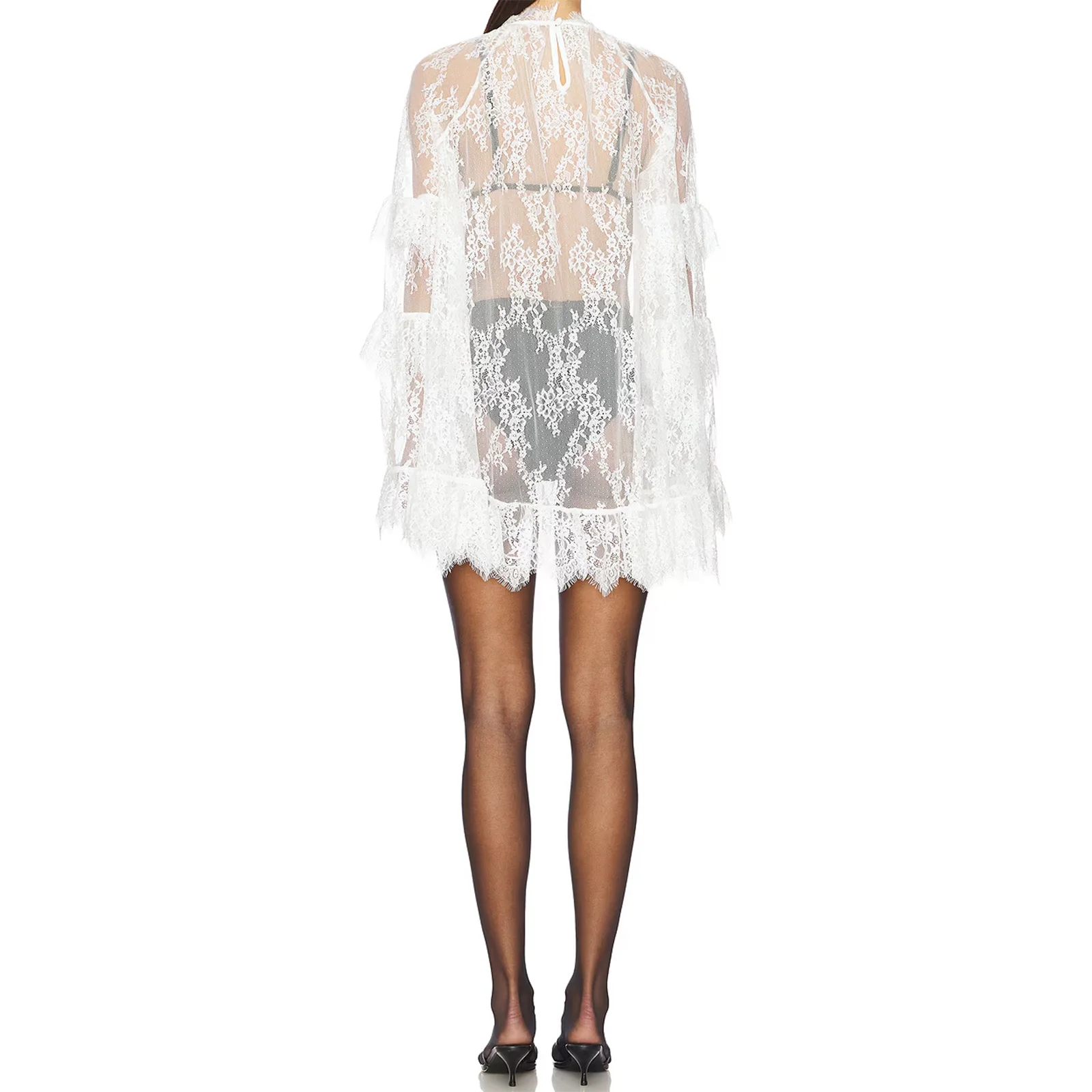 Damen-Cocktailkleid mit Blumenspitze, durchsichtig, gerüscht, langärmelig, hoher Rollkragenpullover, transparenter ausgestellter Saum, kurzes Mini-A-Linien-Kleid