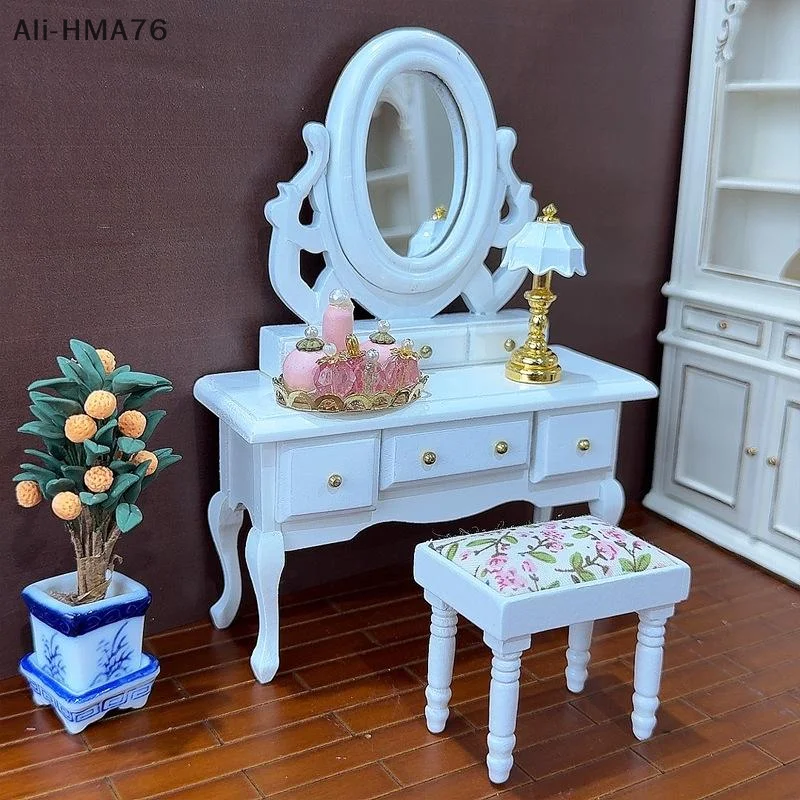 1 Set 1:12 Dollhouse Miniature Furniture Dressing Chair and Table With Mirror Toy Dollhouse Bedroom Decoration Accessories