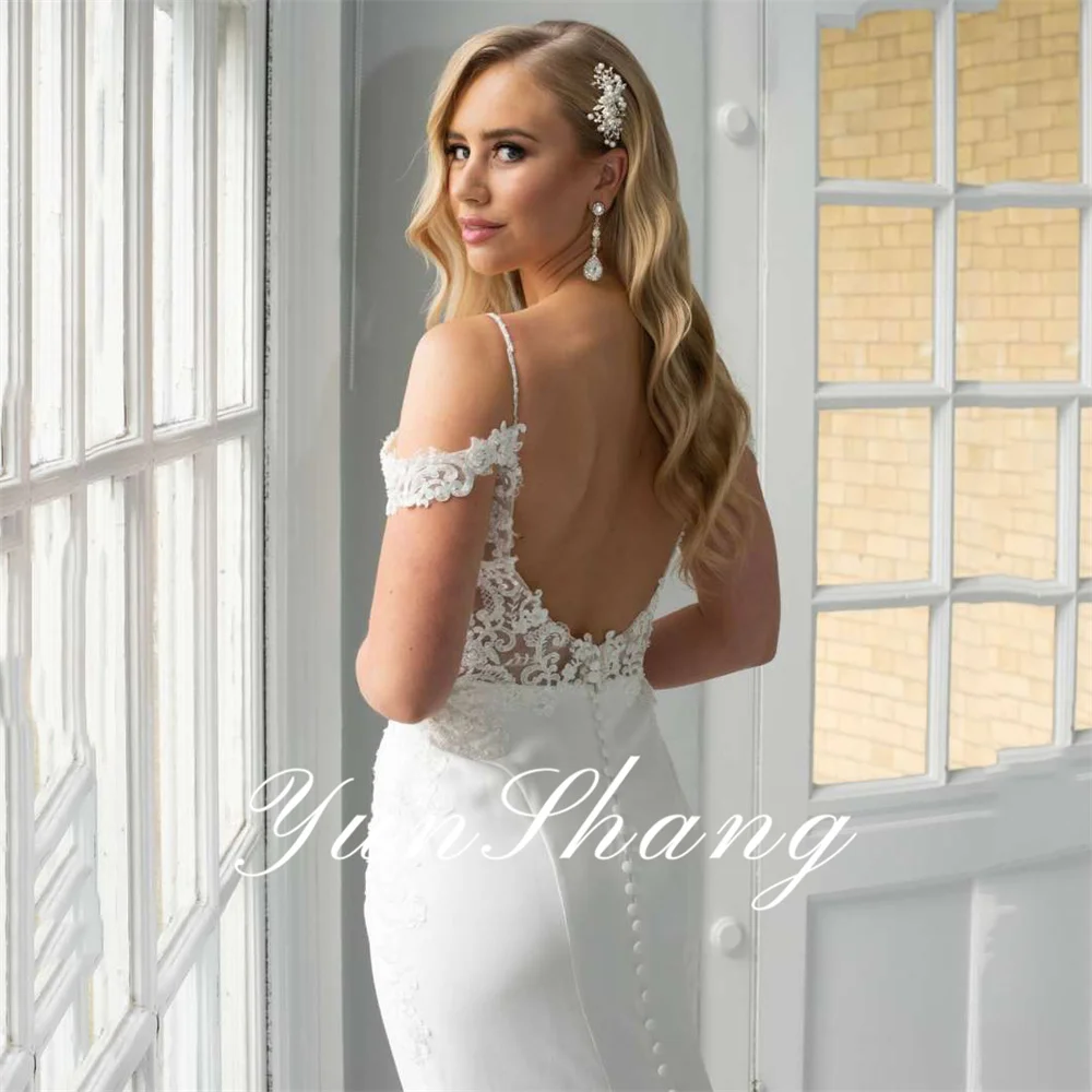 Yunshang-vestido de novia elegante personalizado, sirena, escote en forma de corazón de encaje con hombros descubiertos, vestido de novia Appliaue, tren de barrido