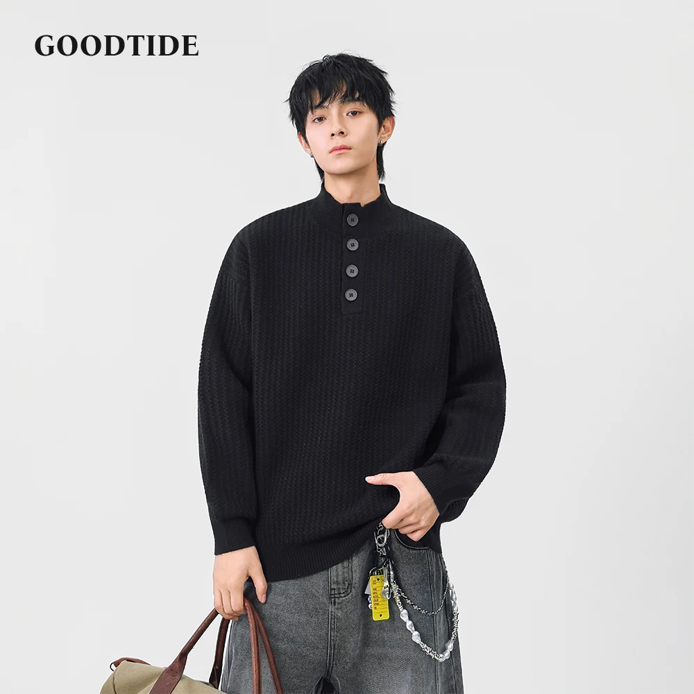 Fashion Men's Casual Mock Neck Sweater 2025 Winter New Waffle Knit Pullover Button Placket Soft Long Sleeve Jumper Top