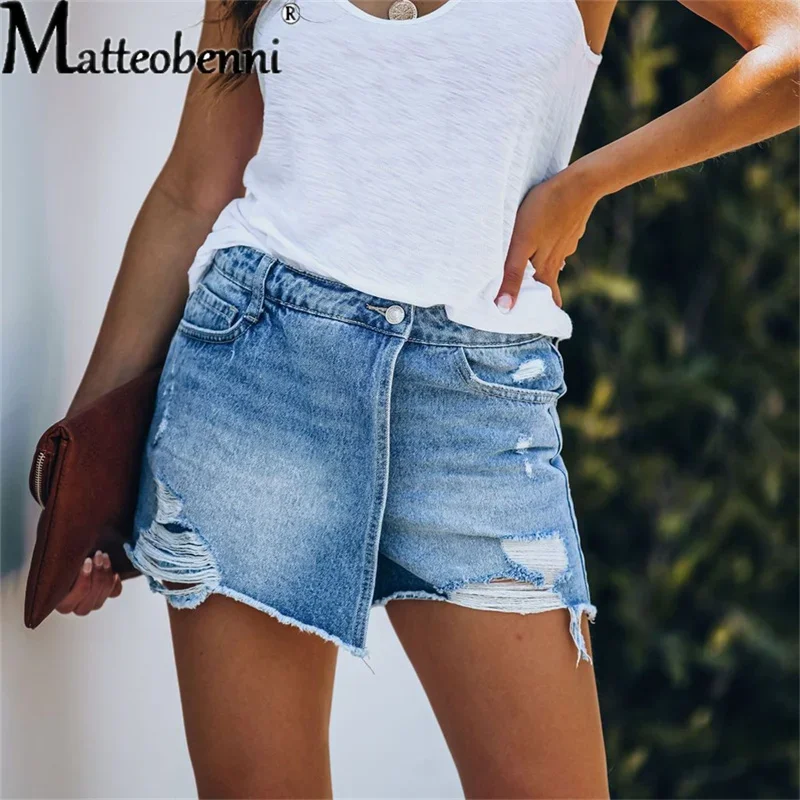 2024 Zomer Nieuwe Vrouwen Gescheurde Gerepareerd Denim Shorts Hoge Taille Bodycon Verontruste Gat Bodems Casual Zakken Sexy Korte Jeans
