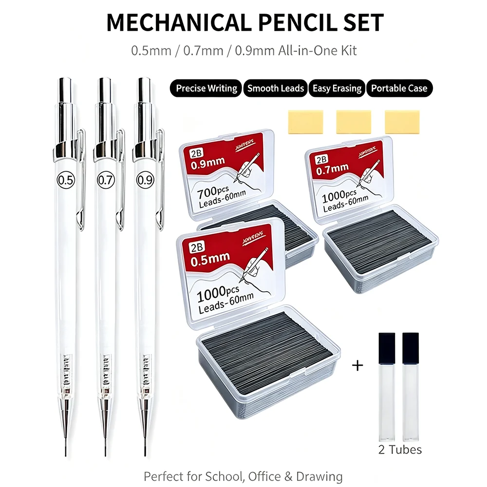 Transparent Mechanical Pencils 0.5/0.7/0.9mm with Lead 2B Art Drawing Pencil Replaceable Refills with 2 Dispensing Tubes