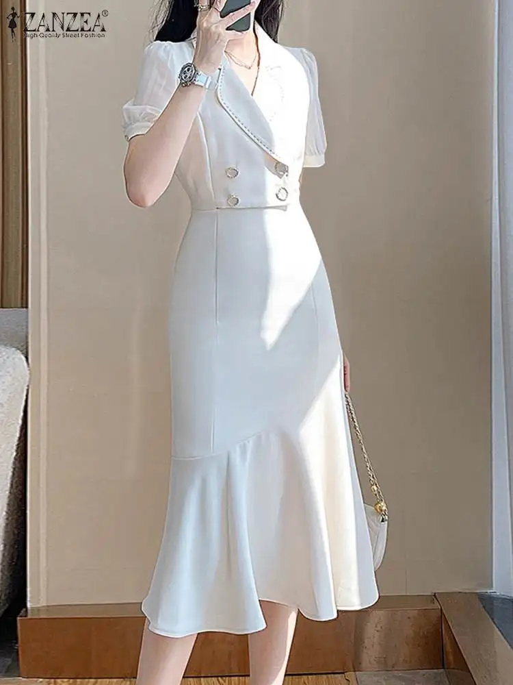 ZANZEA Long Shirt Dress Puff Short Sleeve Elegant Casual 2023 Women Mermaid Slimming Midi Dresses Solid Buttons Fishtail Vestido