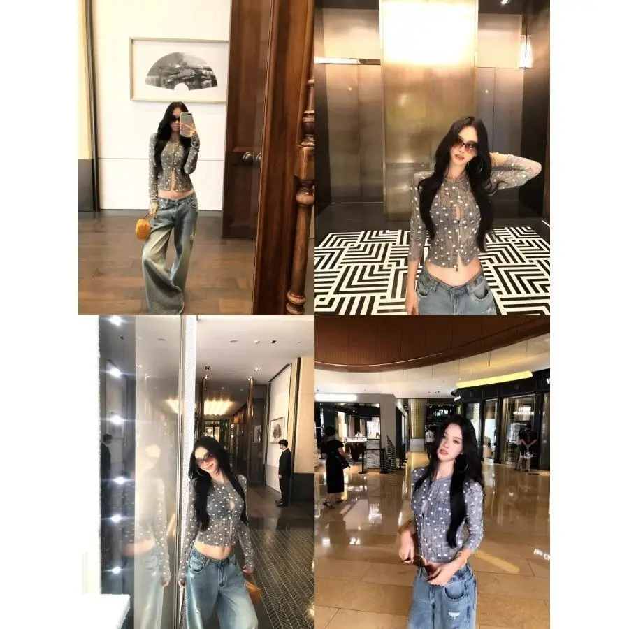 تي شيرت نسائي عتيق منقط - قميص خريفي بأكمام طويلة ورقبة دائرية مفتوح من الأمام، سترة صوفية بقصة ضيقة Y2K، فتاة مثيرة فريدة من نوعها