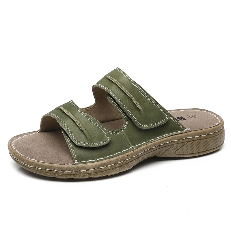 Women's First-Layer Cowhide Vacation Sandals, Loose-Fitting and Non-Constricting, with Non-Slip Thick Soles, Suitable for Beach Outings, Shopping, and Home Use