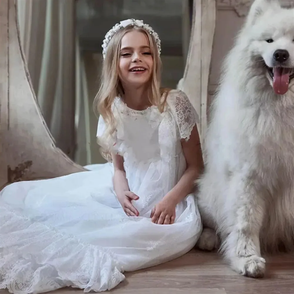 

Elegant Flower Girl Wedding Dress Lace Appliques Beaded Tiered Princess Birthday Party Dress First Communion Gown Customized