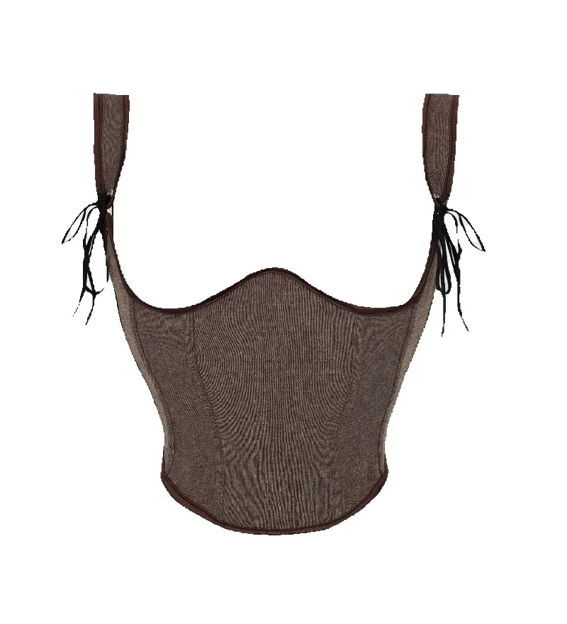 Women Tight Corset Bustier Overbust Lace-Up Boned Bodice Brown