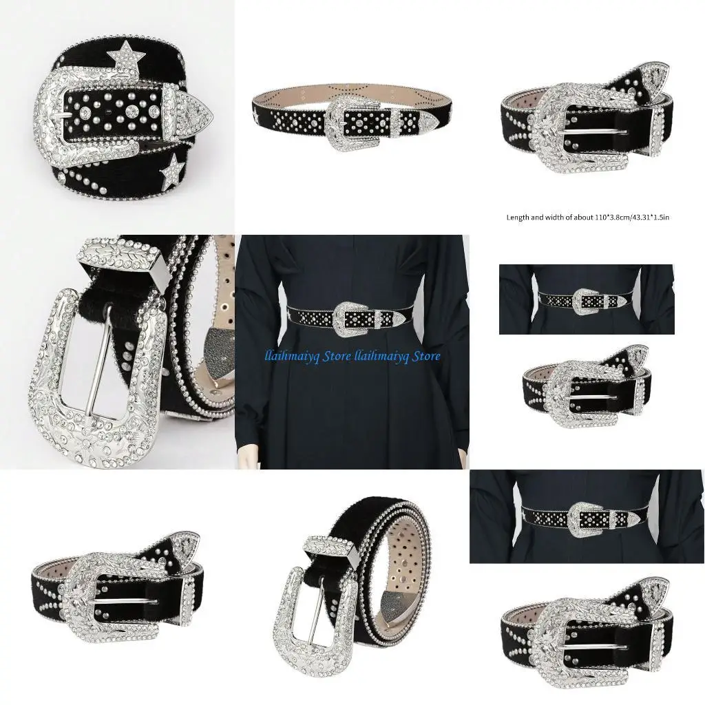 

573B Fashion Five-pointed Star Rivet Belt Girl Rhinestones Buckle Belt Waistband PU Belt Bead Trim Women Aesthetic Belt