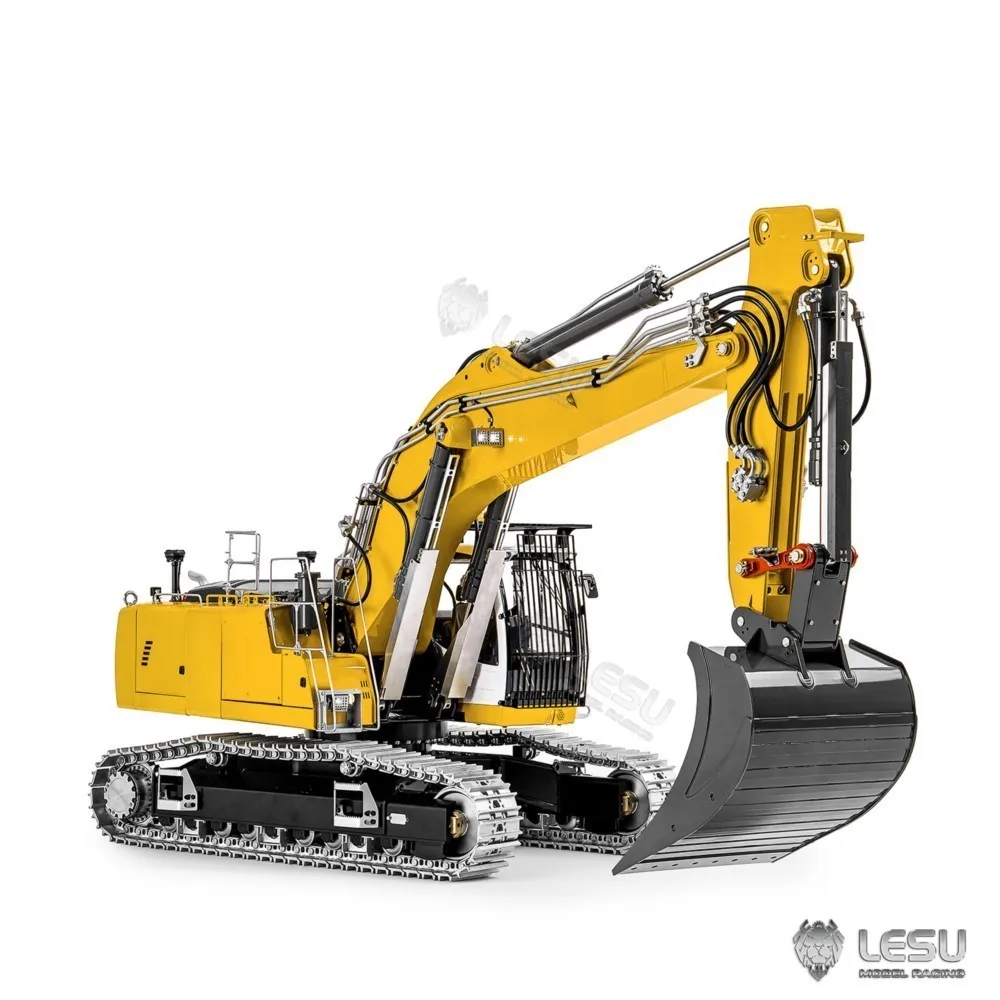 LESU Metal 1/14 Remote Control Hydraulic Excavator 2 Arms LR956 6CH Valve 4MPA Dual Pumps Light RC Digger Construction Vehicle
