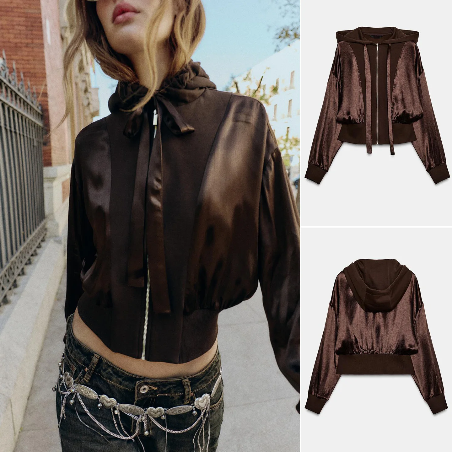 

Winter New Women's Casual Sle Long Sve Zipper Splice Silk Satin Feel Hooded irt ort Coat Polyester Fiber 00%