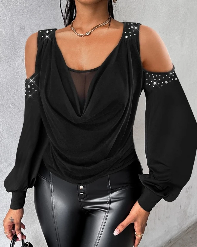 

Women's Elegant Top 2024 Summer Autumn Latest Rhinestone Cold Shoulder Lantern Sleeve Sheer Mesh Patch T-Shirt Ruched Blouse