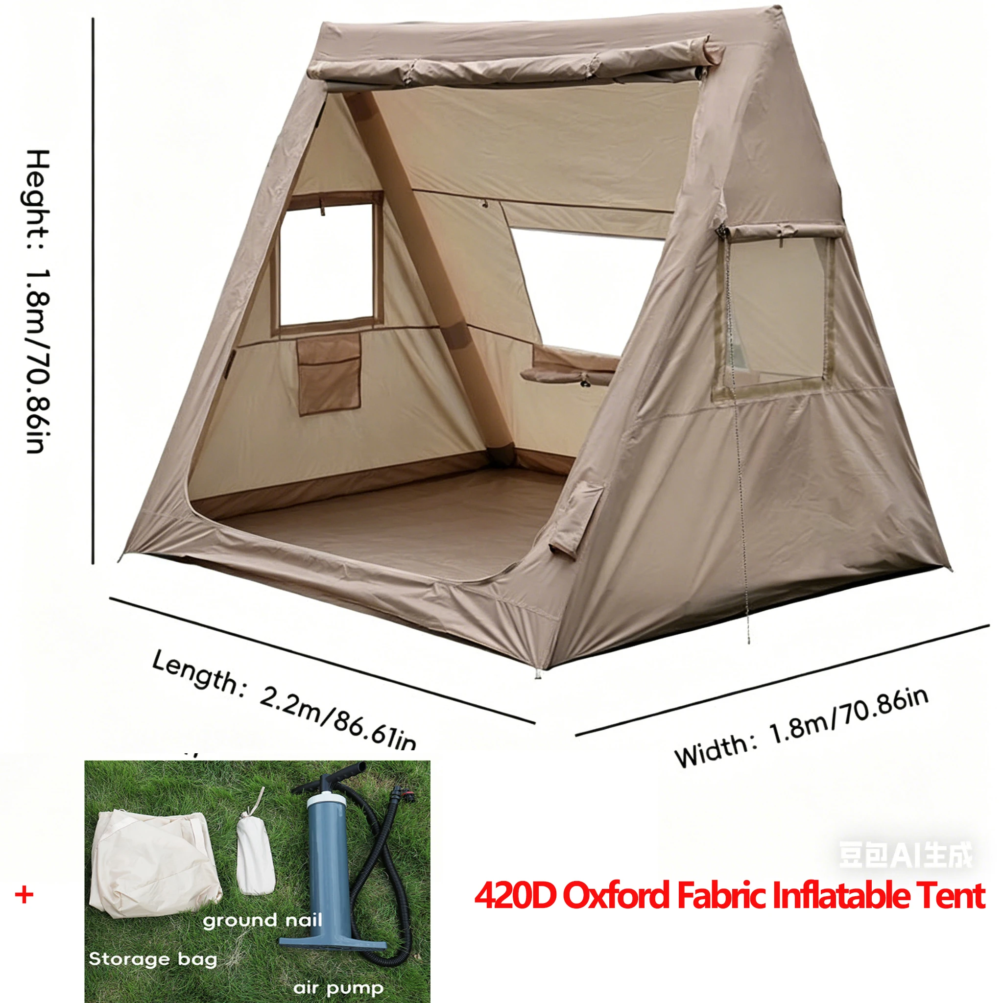 Neu 3.96 ㎡   Aufblasbares Giebeldachzelt für Camping und Wandern, 420D Oxford-Gewebe, Markise mit PVC-aufblasbaren Säulen, Schlaf-Flysheet