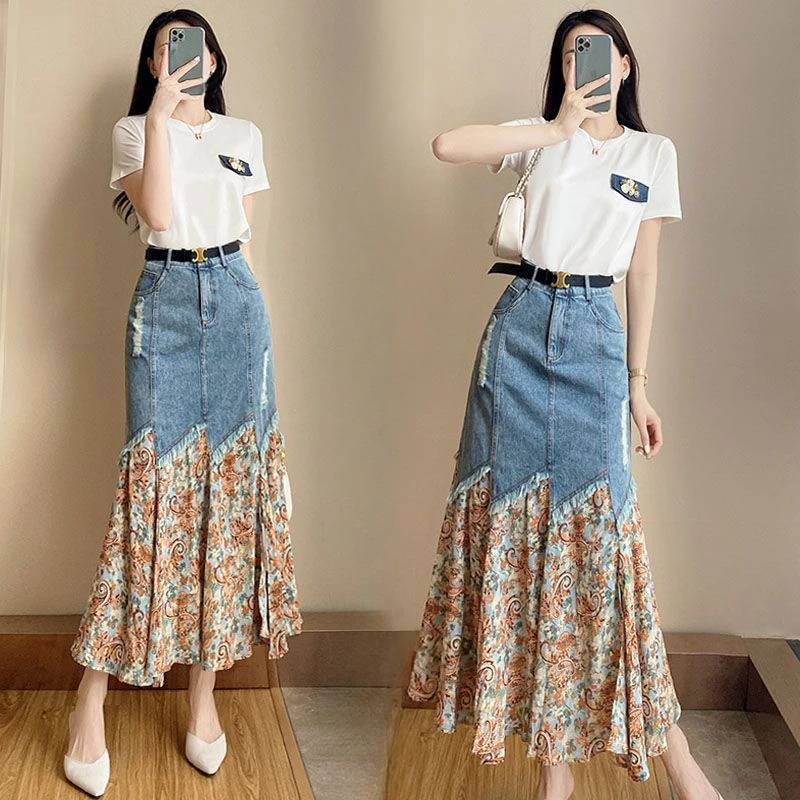 

Flare Woman Denim Skirt Sweetsweet Midi Jeans Skirts for Women Modest Korean Style Streetwear Stylish Harajuku Vintage V Y2k