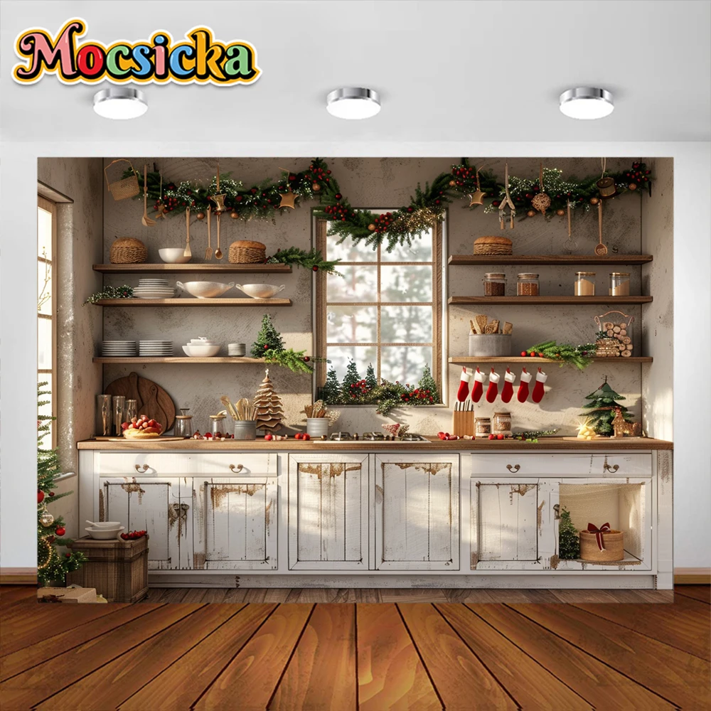 Christmas Kitchen Photography Background Garland Cabinet Xmas Tree Party Decoration Supplies Family Portrait Studio Props