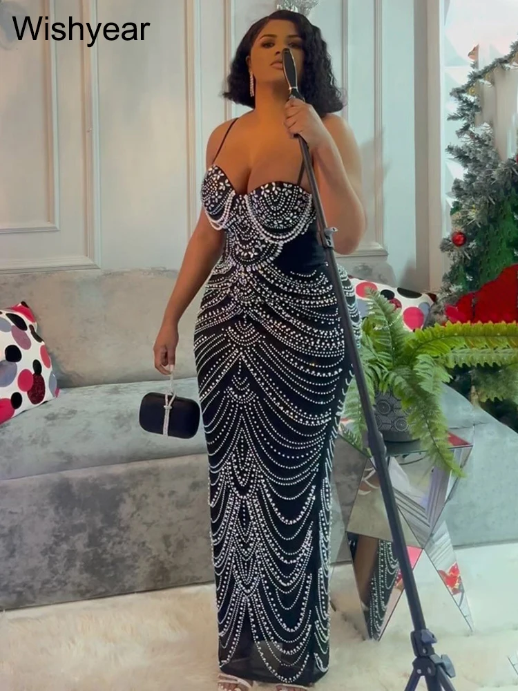New Luxury Sparkly Crystal Rhinestone Pearl Celebrities Gown Brown Dress Woman Strap Evening Party New Luxury Sparkly Crystal Rhinestone Pearl Celebrities Gown Brown Dress Woman Strap Evening Party