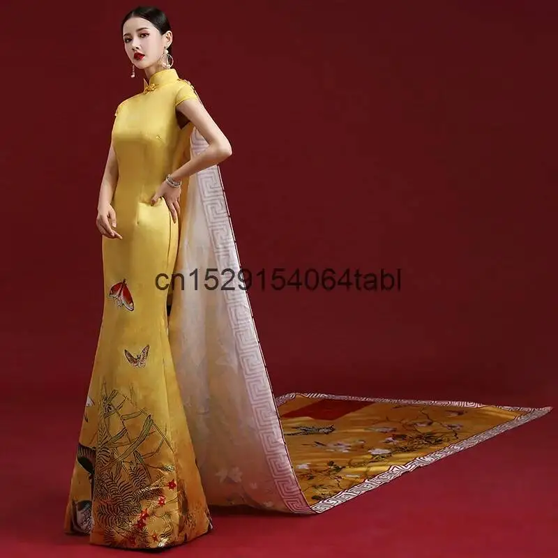 

Модный хвост Cheongsam Stage Fish Show Высококачественный костюм для выступлений, длинный стильный утягивающий хвост, темперамент хозяина Han Fu