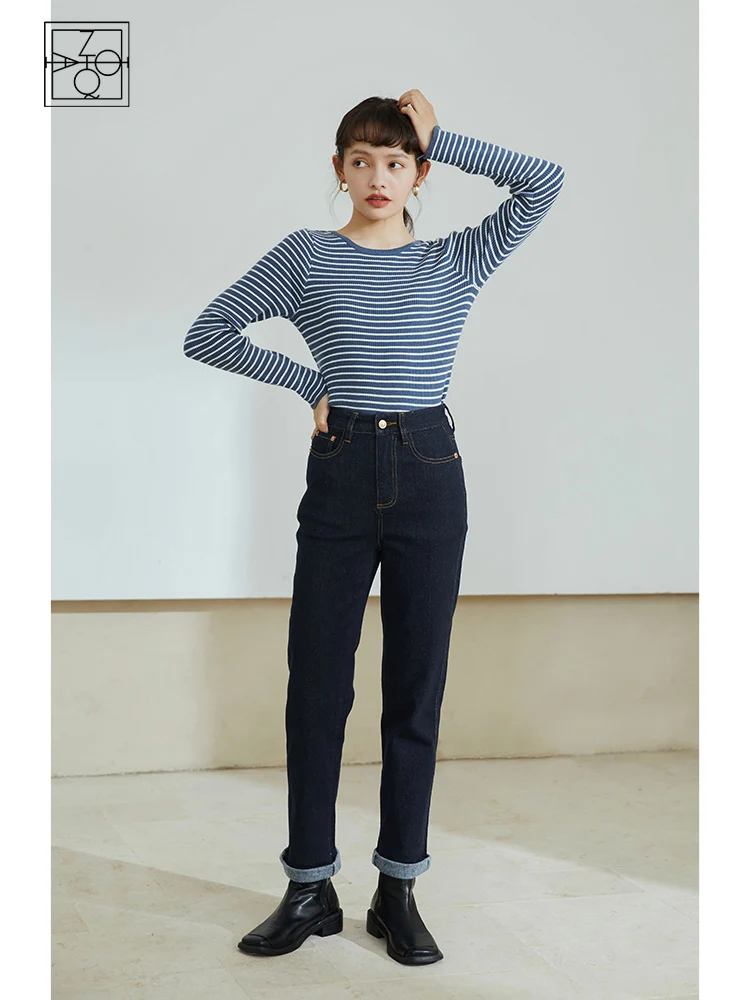 

ZIQIAO Japanese Winter Thicken Blue White Striped Sweaters New Design Sense Niche Bottoming Pullovers Sweater Women Slim Tops