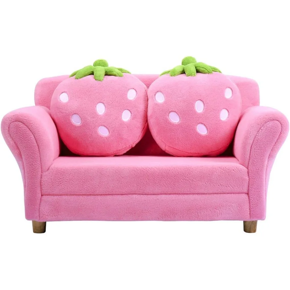 Costzon Kids Couch, Double Seat Pink Children's Sofa with 2 Strawberry Pillows, Toddler Armrest Chair for Bedroom, Living Room