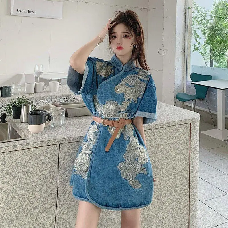 2024 chinese style vintage short sleeve qipao dress women hanfu denim skirt embroidery qipao dress casual daily embroidery dress