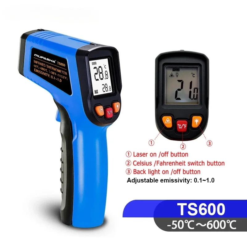 

For MUFASHA Industrial infrared Thermometer -50-600C Gun Pyrometer LCD digital laser Handheld High Low thermometer TS600