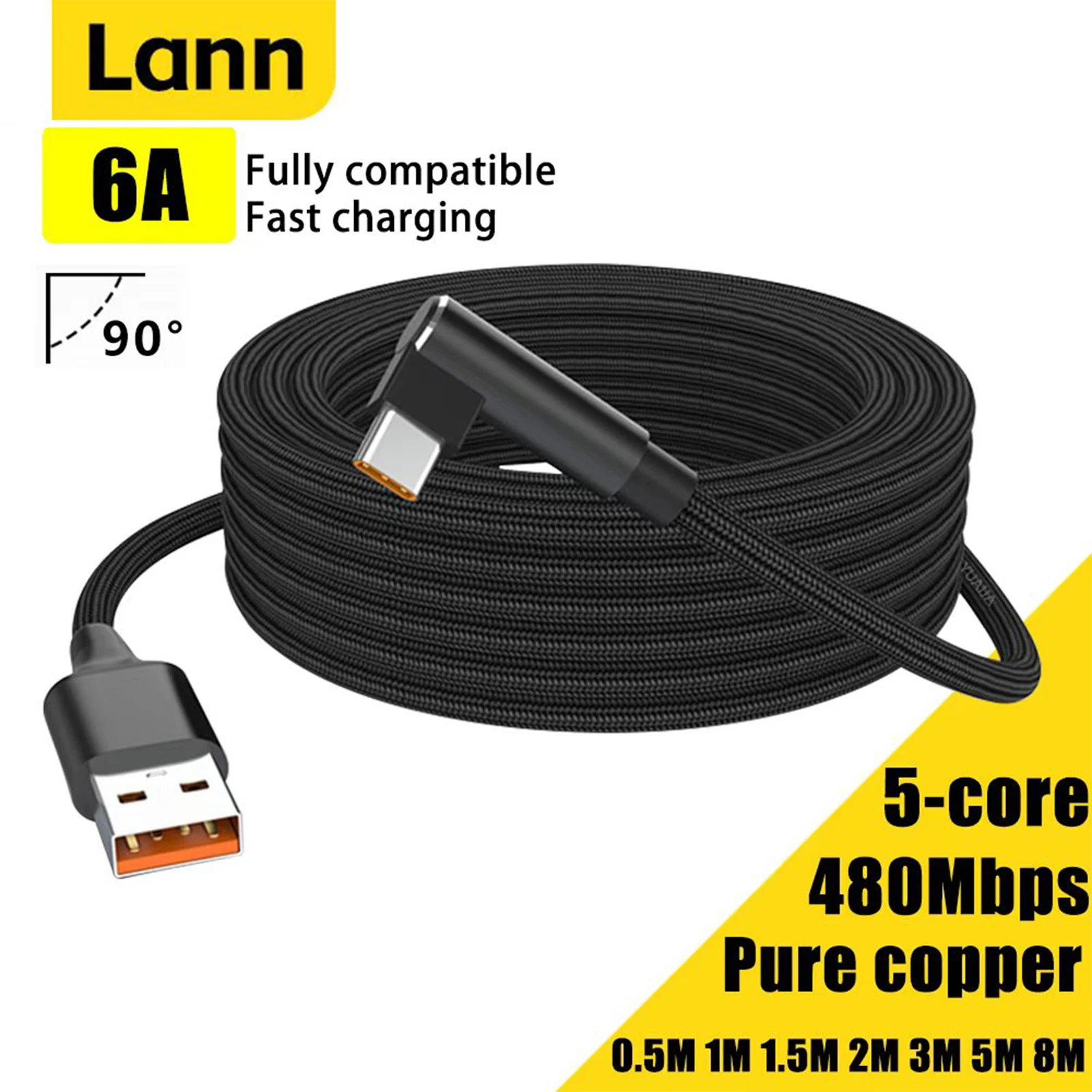 Elbow USB C 6A Fast Charging Expand 3m 5-meter Type C Data Cable for Huawei,Xiaomi,Samsung,Google,Apple MACBOOK iPad Air Game