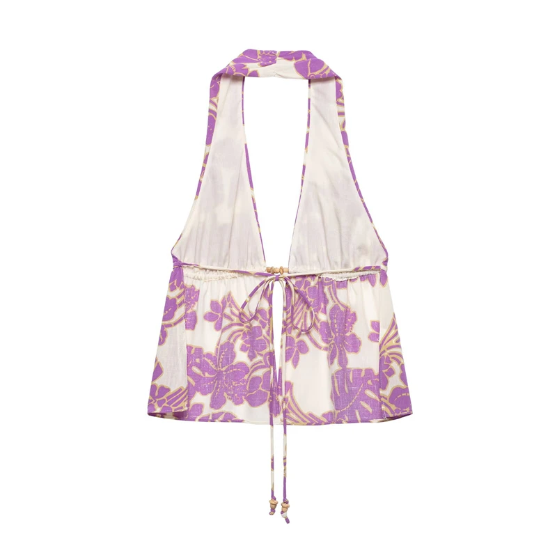 KEYANKETIAN 2026 Boho Floral Halter Top Women Deep V-Neck Drawstring Waist Bead Detail Sleeveless Casual Summer Beach Blouse