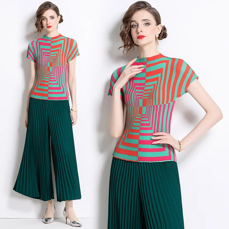 Miyake T-shirt New High-end Pleated Casual Printing Niche Loose Versatile Wide-leg Pants 2024 Summer Set Two Piece