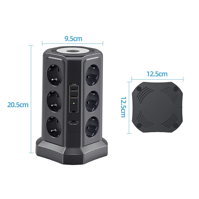 Tower Power Strip Multiple Electrical Socket 12 Outlets 4USB Ports EU Plug Adapters Night Light Surge Protection For Home Office