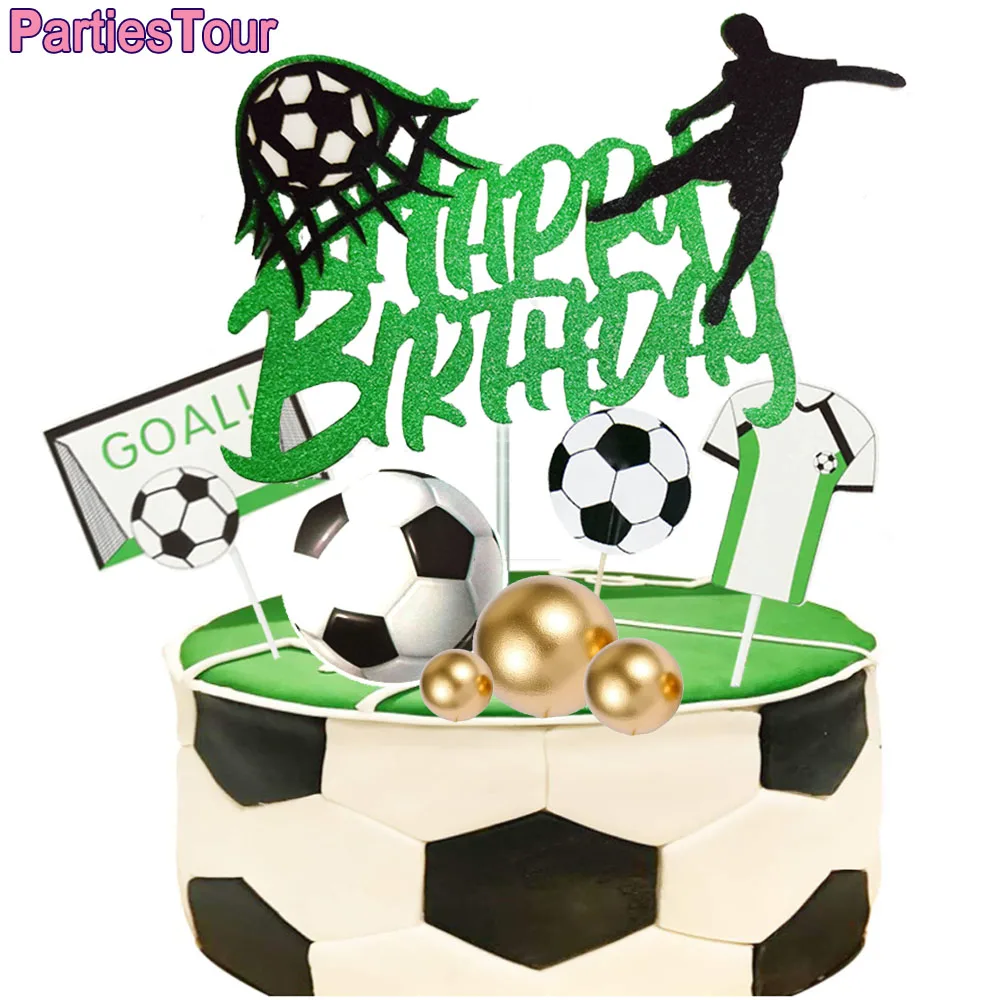 Soccer Cake Topper Green Sparkle Happy Birthday Football Player Cake Topper for Sport Theme Boy Football Birthday Party Supplies