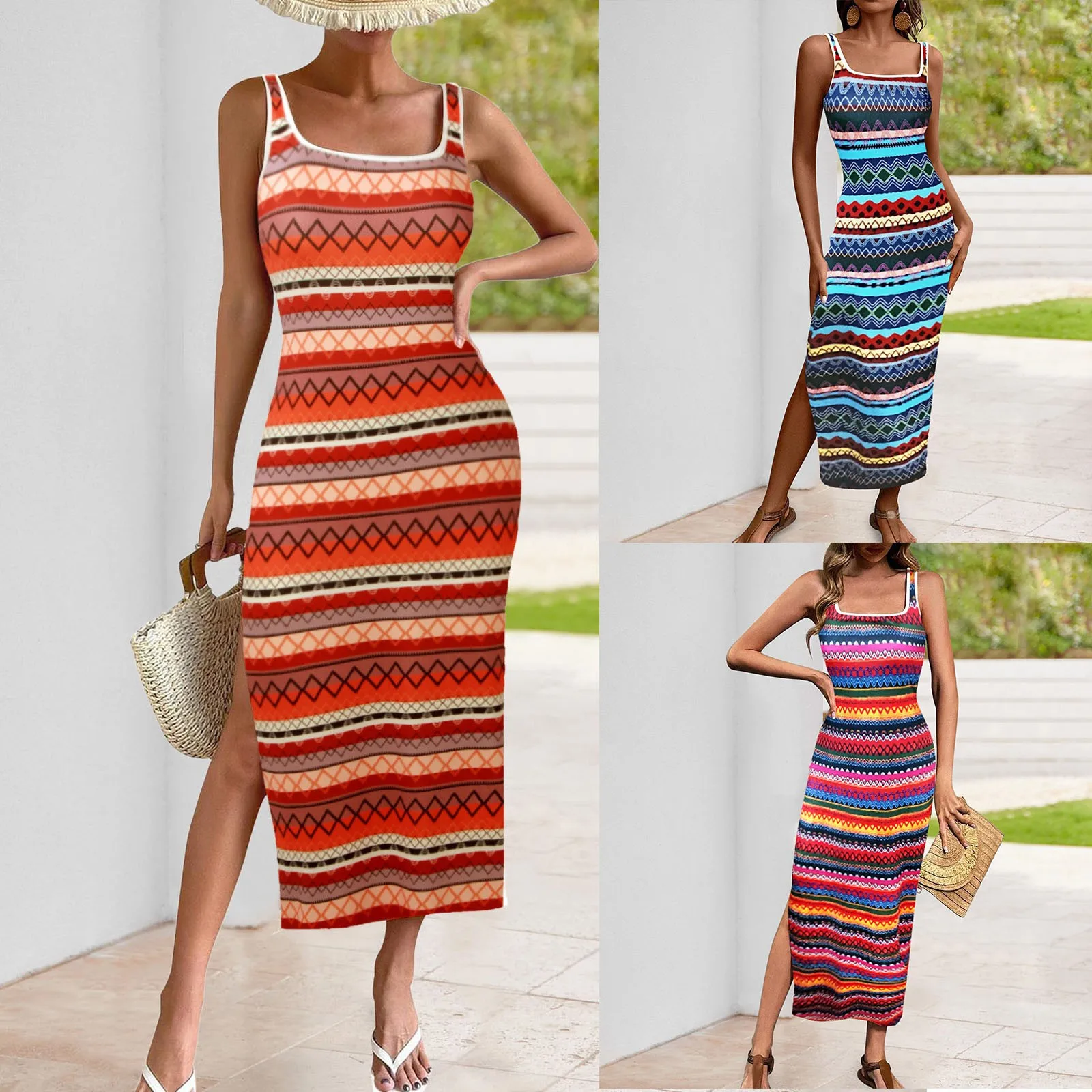 Casual Dresses For Women Bohemian Sleeveless Side Slit Bodycon Summer Sundresses For Women Fashion Holiday Vacation Dress 2024