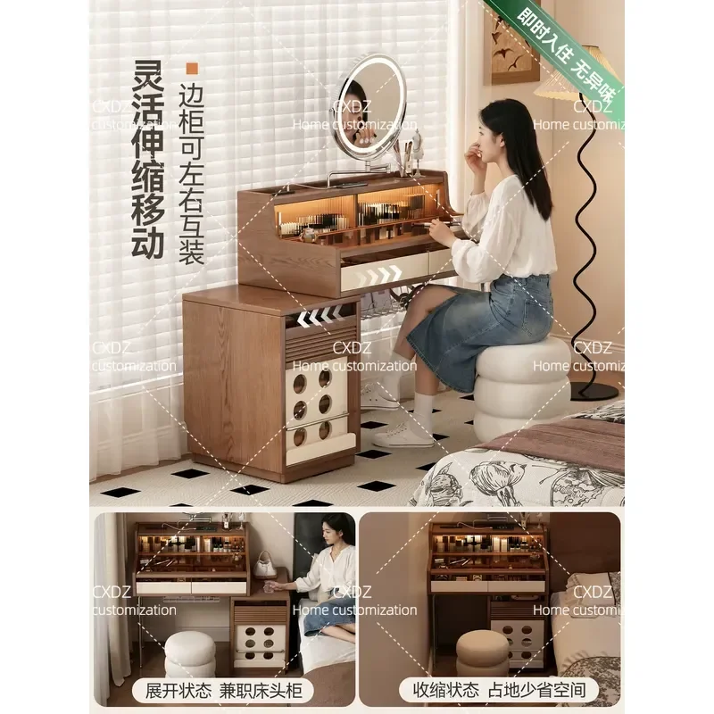 Retro Dresser Storage Cabinet with Retractable Makeup Table Antique Style Vanity for Small Apartment Medium Size Dressing