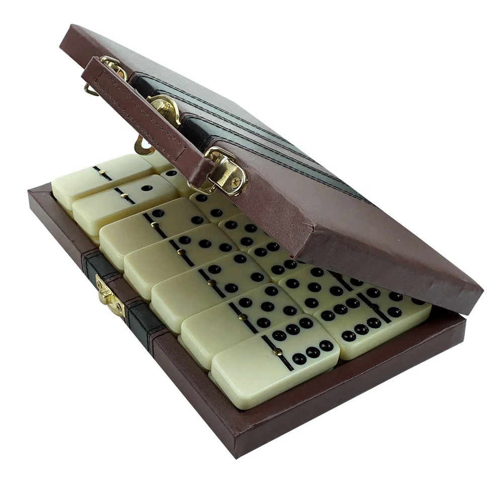 전문가용 더블 6 도미노 게임 세트 (여행용 가죽 케이스 포함, 도미노 28개, 카지노 도박 게임용)