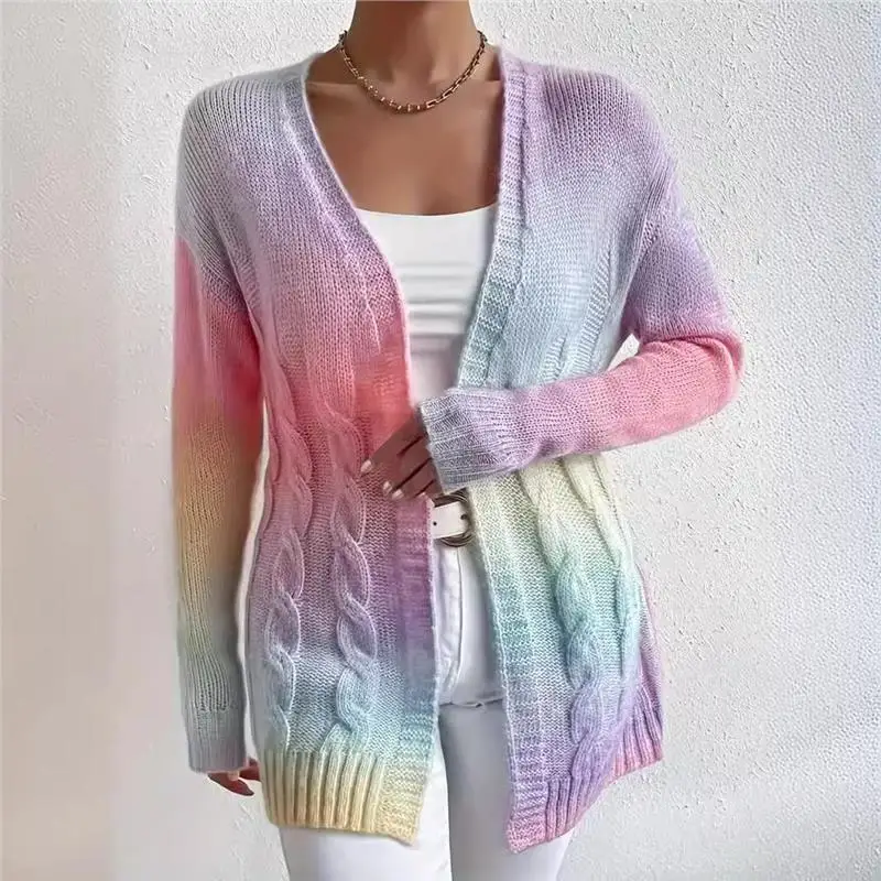 

Autumn Winter Women's Knitted Long Sve Sweater Rainbow Dyed Twist Open Cardigan Coat Medium Length Tee-acetate Fiber