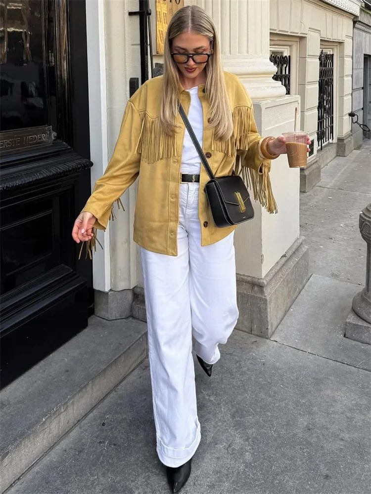 Tassel Patchwork New Jackets Women's Lapel High Waist Long Sleeve Autumn Pocket Commute Coat Female Jackets 2025