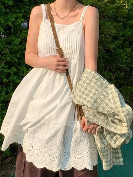 Verão novo branco bordado  vestido f moda fresco estilo em camadas wearable estilo coreano viagem gável saia li...