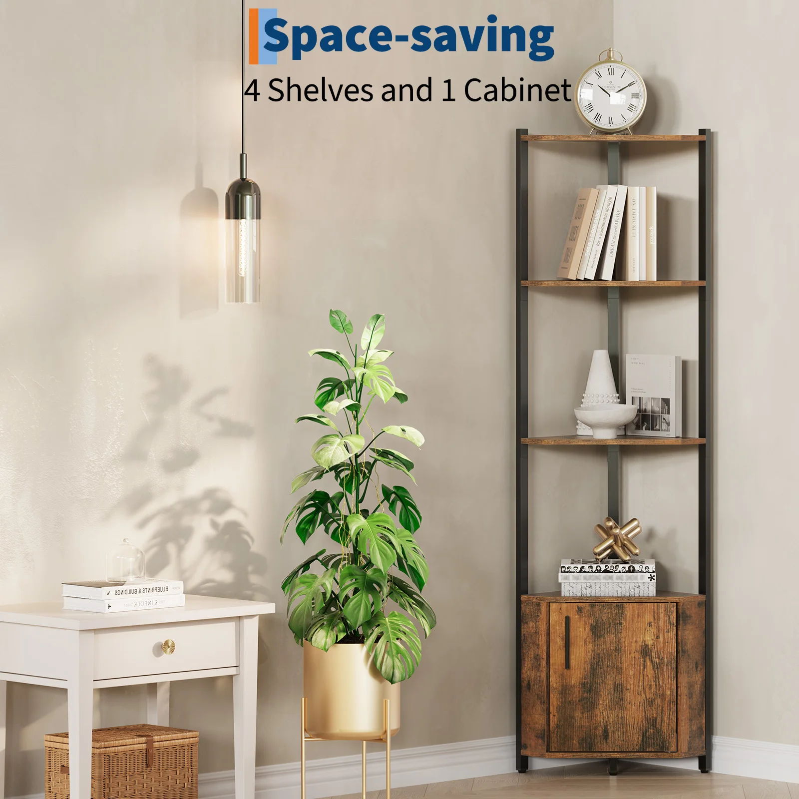 5 Tier Corner Shelf Stand with Metal Frame & Wood Shelves, Rustic Modern Tall Corner Organizer for Kitchen Bedroom, Display Rack