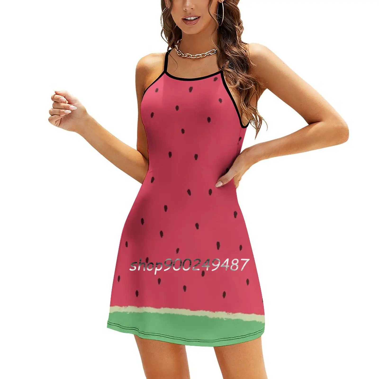 Vestido elegante y dulce de sandía para mujer, vestido coreano Kawaii con cuello cuadrado, sandía, fruta, ensalada de fruta afrutada, melón fresco