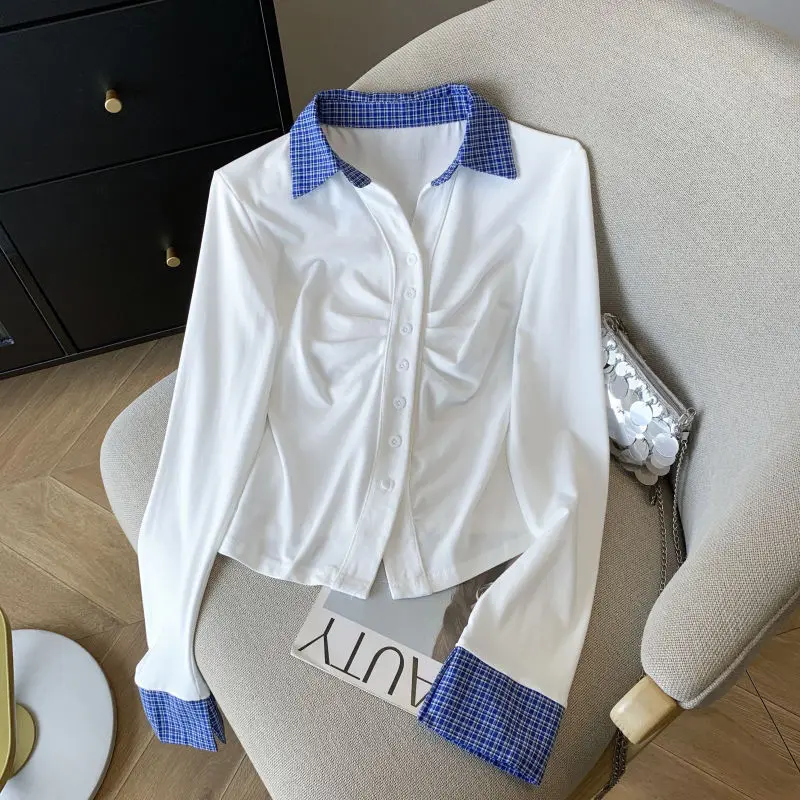 Pleated Plaid Patchwork Korean Tops Tees Spring Autumn New Neck Button Contrast Fashion T Shirts Casual Trend Women Clothes