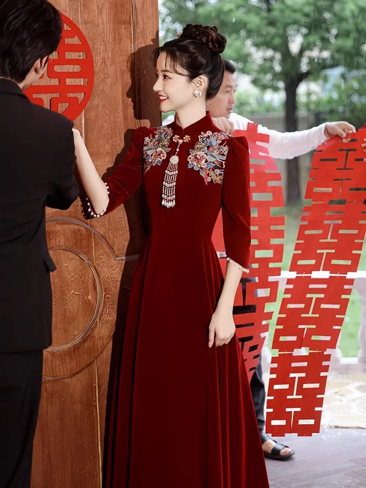 Winter Cheongsam Toast Dress Bride Engagement Wedding Evening Red Summer Velvet Long Sleeves Women's Clothing