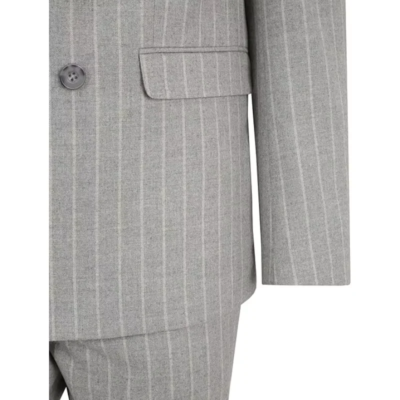 طقم بدلة مخططة ضيقة مزدوجة الصدر للرجال لملابس رسمية لحفلات الزفاف مناسبة للعمل (سترة + بنطلون) #6
